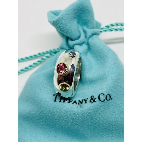 Tiffany & Co Sterling Silver 18K Gold Etoile Sapphire Tourmaline Peridot Ring
